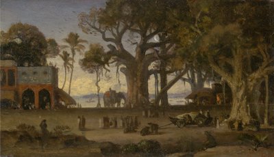 Scène au clair de lune avec des figures indiennes et des éléphants parmi les banians, Haute Inde (probablement Lucknow) - Auguste Borget