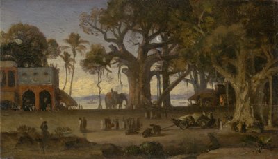 Scène au clair de lune avec des figures indiennes et des éléphants parmi les banians, Haute Inde (probablement Lucknow) - Auguste Borget