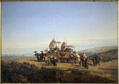 Voyageurs utilisant un chariot avec des voiles et tiré par des hommes. Peinture par Auguste Borget - Auguste Borget