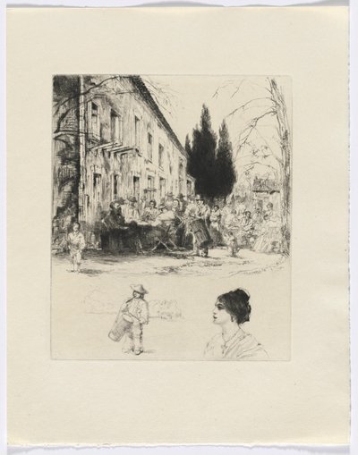 Frédéric Mistral : Mémoires et Récits de Frédéric Mistral : personnages à une table en plein air/ homme jouant du tambour et buste de femme (insérer après p. 136) - Auguste Brouet