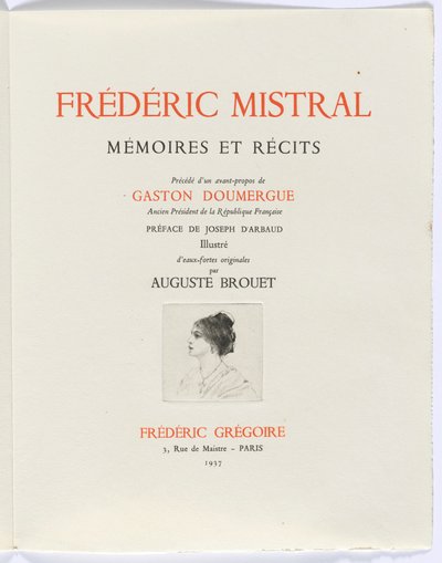 Frédéric Mistral: Mémoires et Recits by Frédéric Mistral: title page, bust of woman in profile - Auguste Brouet