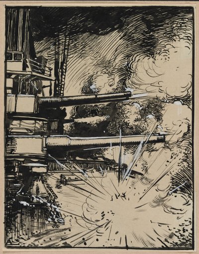 Bombe explosant sur un cuirassé aux canons braqués, 1914 - Auguste Louis Lepère