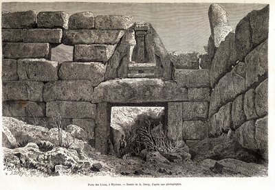 Porte des Lions à Mycènes - dessin par A. Deroy, dans "Le Tour du Monde" 1877 2e semestre - Auguste Victor Deroy