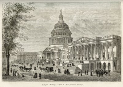 Le Capitole, siège de la législature, construit entre 1793 et 1830, à Washington (District de Columbia), la capitale des États-Unis. Gravure d
