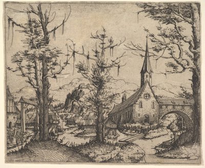 Paysage avec quatre arbres et une église à droite, 1545 - Augustin Hirschvogel