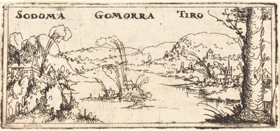 Paysage avec trois villes en feu : Sodome, Gomorrhe et Tyr - Augustin Hirschvogel