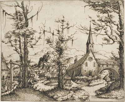 Paysage avec une église et un pont couvert - Augustin Hirschvogel