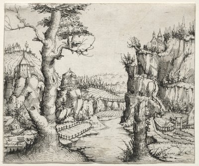 Paysage fluvial avec des rochers à gauche et à droite - Augustin Hirschvogel