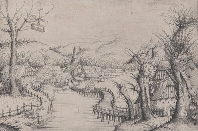 Paysage fluvial avec trois saules dénudés à droite et un long pont en bois sinueux - Augustin Hirschvogel