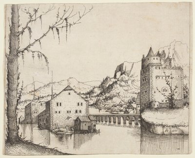 Paysage fluvial avec deux bâtiments reliés par un pont - Augustin Hirschvogel