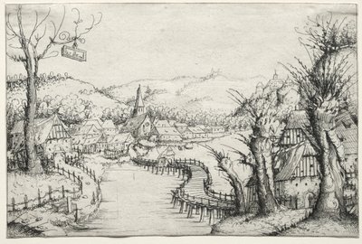 Paysage fluvial avec trois saules dénudés à droite et un long pont en bois sinueux au centre menant à un village - Augustin Hirschvogel