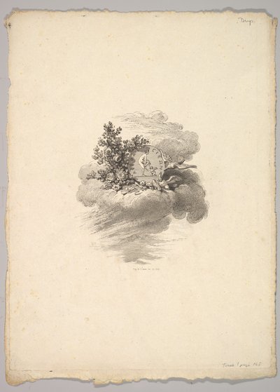 Vignette avec pièce de monnaie sur un nuage avec des roses à gauche et des colombes en dessous et à droite - Augustin de Saint Aubin