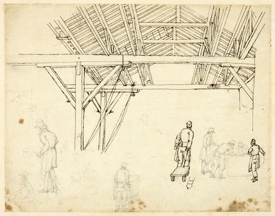 Étude rejetée, peut-être pour une illustration de la Douane, de Microcosm of London (recto); Croquis de travailleurs avec des barils (verso) - Augustus Charles Pugin