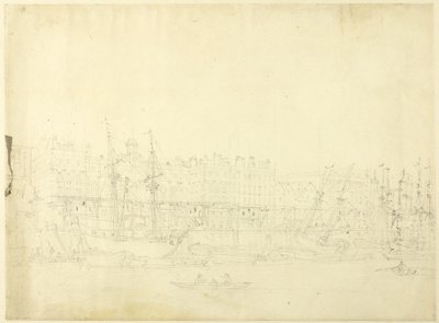Étude pour le Custom House, depuis la Tamise, extrait de Microcosme de Londres - Augustus Charles Pugin