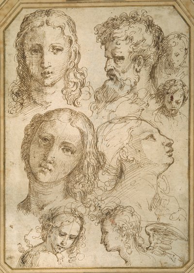 Études de têtes : une femme, un ange, un jeune homme et un homme barbu - Aurelio (attr. to) Luini