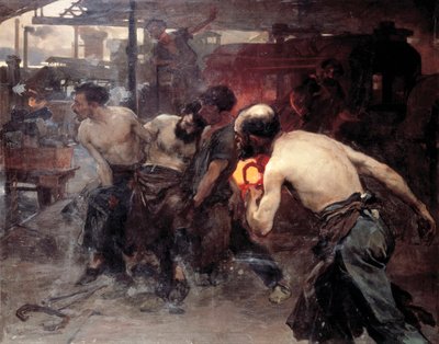 Accident de travail Un ouvrier dans une usine est blessé par une des machines et transporté par ses collègues (peinture) - Aurelio Arteta Errasti