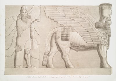 Taureau à tête humaine et figure ailée d