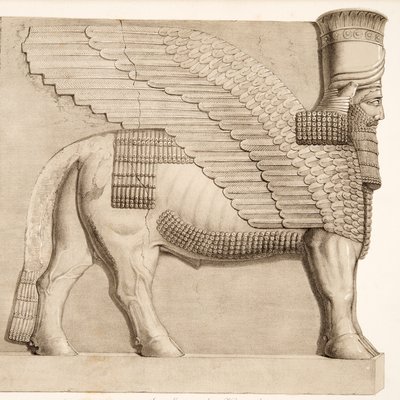 Taureau à tête humaine et figure ailée d