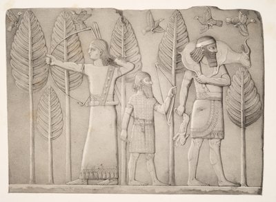 Chasseurs avec gazelle, lièvre et oiseaux (Khorsabad), des Monuments de Ninive, pub. 1849 - Austen Henry Layard
