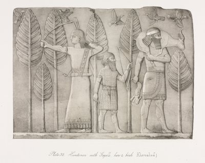 Monuments de Ninive : Planche 32, Chasseurs avec gazelle, lièvre et oiseaux (Khorsabad) - Austen Henry Layard