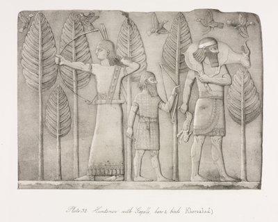 Monuments de Ninive : Planche 32, Chasseurs avec gazelle, lièvre et oiseaux Khorsabad - Austen Henry Layard
