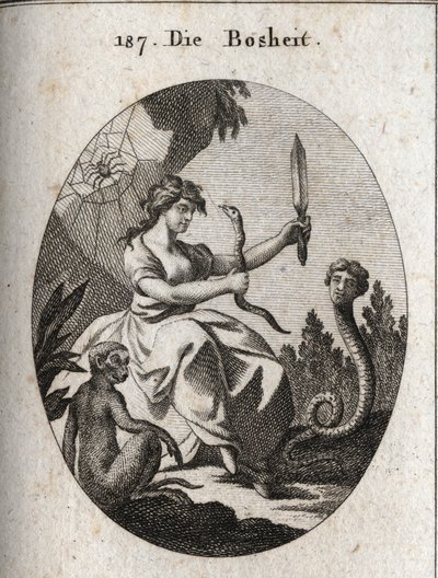 Allégorie de la méchanceté. Elle semble heureuse avec un aspic et un poignard. Ses attributs sont le serpent à visage humain symbolisant la fraude, le singe emblème de la malice, et l