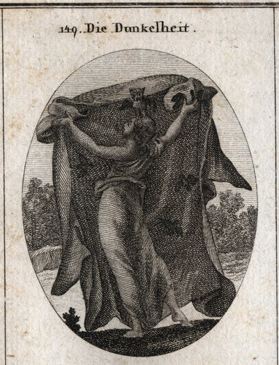 Allégorie des ténèbres. Elle étend un voile sombre qui empêche la pénétration de la lumière. Ses attributs sont la chouette et d