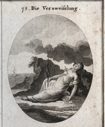 Allégorie du désespoir représentant un poignard dans la poitrine et une branche de cyprès dans la main (arbre qui ornait autrefois les tombes). La boussole brisée est l