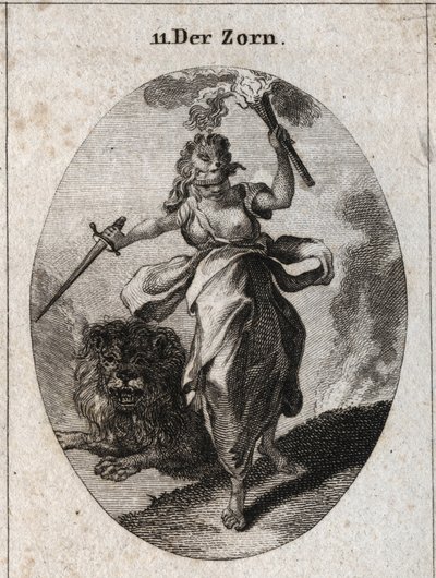 Allégorie de la colère représentée dans une attitude agitée, les yeux bandés, une épée et une torche dans les mains. Elle est vêtue de peau d