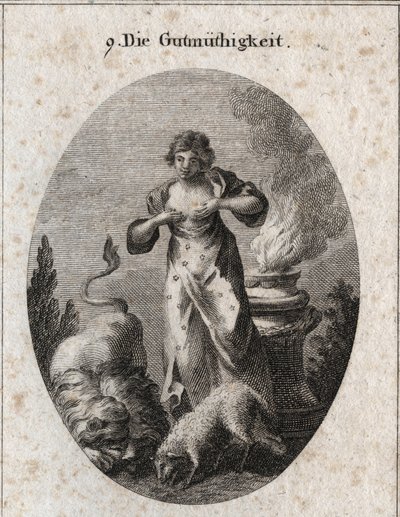 Allégorie de la bénignité nourrissant en même temps un agneau et un lion symbolisant l