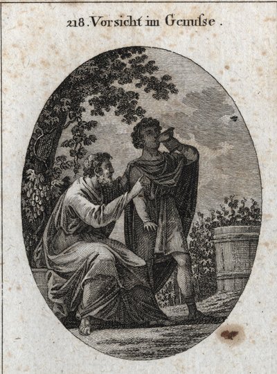 Allégorie de la prudence tout en jouissant. Un philosophe nous avertit que la vigne produit trois sortes de raisins : celui du plaisir, celui de l
