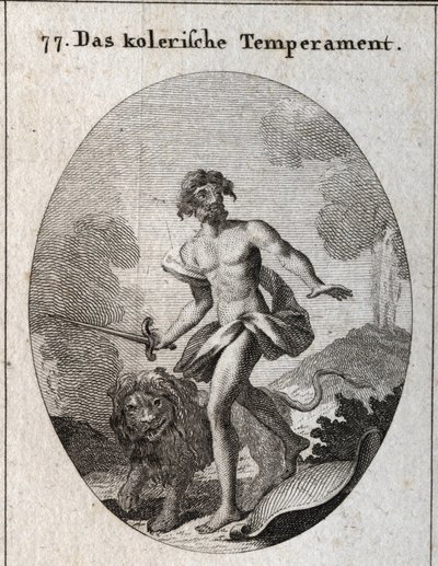 Allégorie du tempérament colérique. Il tient une épée pour attaquer et vient de jeter son bouclier oubliant de se défendre. Son attribut est un lion menaçant. Gravure dans « Iconologie oder Ideen aus dem Gebiete der Leidenschaften und Allegorien bildlich d - Austrian School