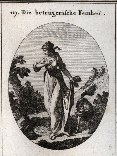 Allégorie de la finesse qui tend à tromper. Elle est représentée une main sur sa poitrine et l