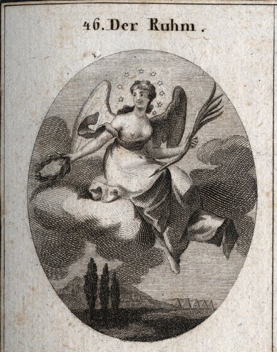 Allégorie de la gloire sur un nuage. Elle tient une palme et présente des couronnes de laurier avec lesquelles elle récompense ses favoris. Ses ailes marquent son élévation. Gravure dans « Iconologie oder Ideen aus dem Gebiete der Leidenschaften und Allego - Austrian School