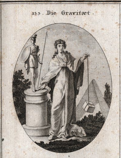 Allégorie de la gravité. La chaîne en or à laquelle est attaché un papier symbolise la confiance. La colonne et la statue signifient la conservation des actions glorieuses et la pierre dénote la pondération. Gravure dans « Iconologie oder Ideen aus dem Geb - Austrian School