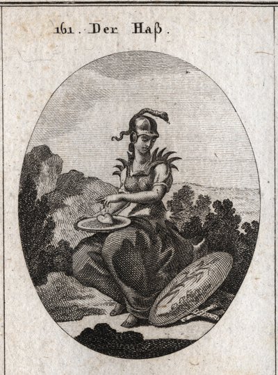 Allégorie de la haine. Son corselet est surmonté de pointes de fer, son casque entouré d