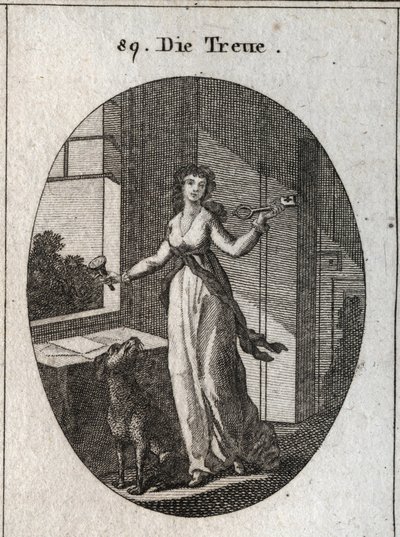Allégorie de la loyauté dont les symboles sont la clé, le sceau et le chien. Gravure dans « Iconologie oder Ideen aus dem Gebiete der Leidenschaften und Allegorien » - Austrian School