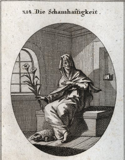 Allégorie de la modestie. Son symbole est une branche de lys et une tortue qui signifie que les femmes modestes doivent être retirées de leurs foyers. Son visage est couvert d