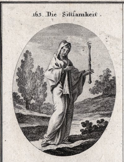 Allégorie de la modestie. Elle tient un sceptre au-dessus duquel se trouve un œil signifiant que la modestie doit être clairvoyante sur elle-même. Gravure dans « Iconologie oder Ideen aus dem Gebiete der Leidenschaften und Allegorien bildich dargestellt fu - Austrian School