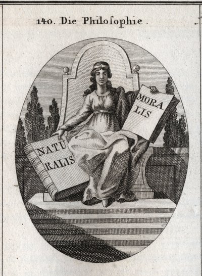 Allégorie de la philosophie assise sur un trône de marbre au-dessus de plusieurs marches. Elle porte un diadème doré sur le front et tient deux livres ouverts « Naturalis » (Nature) et « Moralis » (Morale). Gravure dans « Iconologie oder Ideen aus dem Gebi - Austrian School