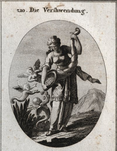 Allégorie de la prodigalité représentée avec un bandeau sur les yeux et secouant une corne d