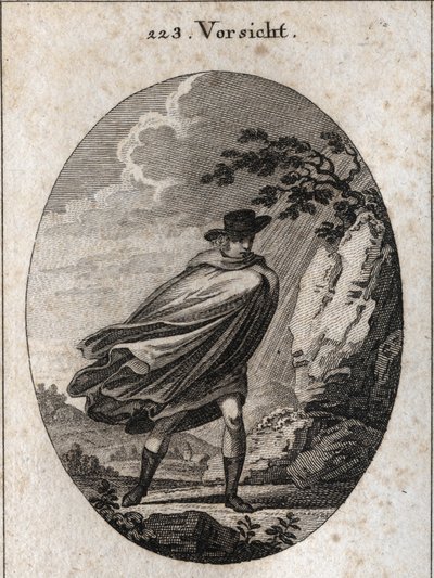 Allégorie de la providence. Expression : Quand il fait beau, prends ton manteau, quand il pleut, prends-le, si tu veux. Gravure dans « Iconologie oder Ideen aus dem Gebiete der Leidenschaften und Allegorien bildich dargestellt für Zeichner, Mahler, Dichter - Austrian School