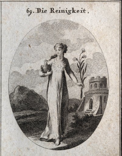 Allégorie de la pureté. Ses attributs sont la colombe et le lys, symboles de candeur. Gravure dans « Iconologie oder Ideen aus dem Gebiete der Leidenschaften und Allegorien bildich dargestellt fur Zeichner, Mahler, Dichter, Gelehrte, Erzieher und freunde H - Austrian School