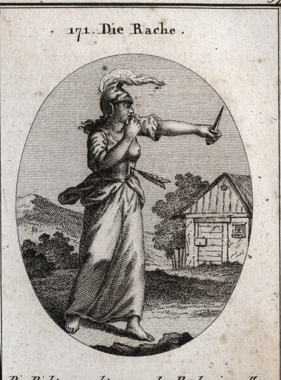 Allégorie de la vengeance avec une cuirasse et un casque sur lequel brille une flamme. Elle se mord le doigt et regarde un poignard. La flèche qui la transperce signifie que la vengeance n