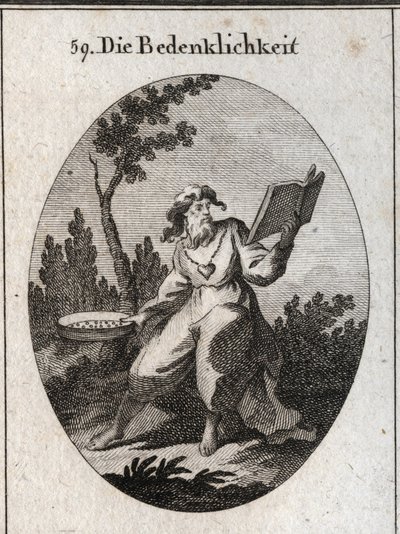 Allégorie des scrupules représentée par un vieil homme avec une chaîne en or à laquelle est attaché un cœur emblème de candeur et de bons conseils. Il tient un calendrier qu