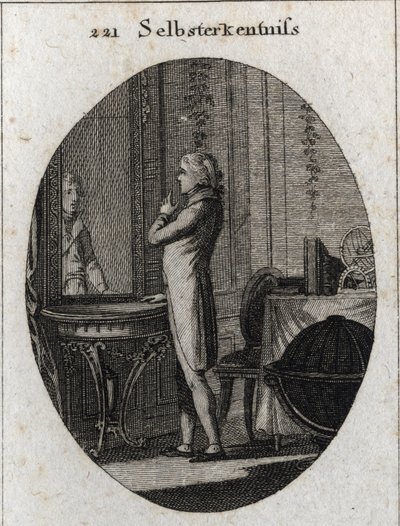 Allégorie de la connaissance de soi. Un jeune homme fait face à un miroir. Gravure dans « Iconologie oder Ideen aus dem Gebiete der Leidenschaften und Allegorien bildich dargestellt fur Zeichner, Mahler, Dichter, Gelehrte, Erzieher und freunde Hoherer Gesc - Austrian School
