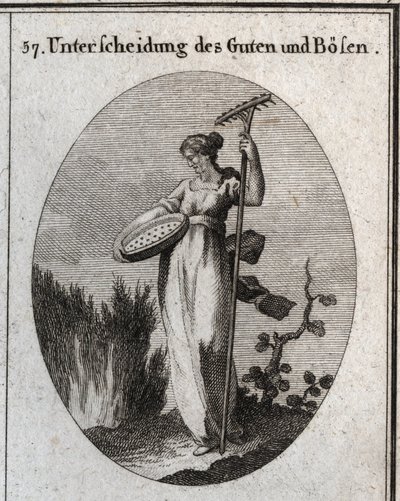 Allégorie de la distinction entre le bien et le mal. Le tamis sépare le bon grain de l