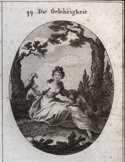 Allégorie de la docilité. Ses attributs sont la perruche et le petit chien en raison de leur obéissance et de leur désir de plaire. Gravure dans « Iconologie oder Ideen aus dem Gebiete der Leidenschaften und Allegorien bildlich dargestellt für Zeichner, Ma - Austrian School
