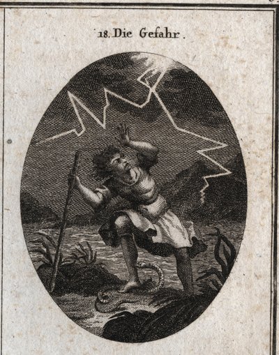 Allégorie du péril représentée par un jeune homme qui échappe à un courant rapide en posant le pied sur un serpent qui le pique et en même temps un éclair frappe derrière lui. Gravure dans « Iconologie oder Ideen aus dem Gebiete der Leidenschaften und Alle - Austrian School
