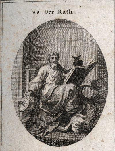 Allégorie du conseil représentatif avec une chaîne en or et un cœur, emblème de sincérité. Le livre et la chouette symbolisent la pénétration de la connaissance par l